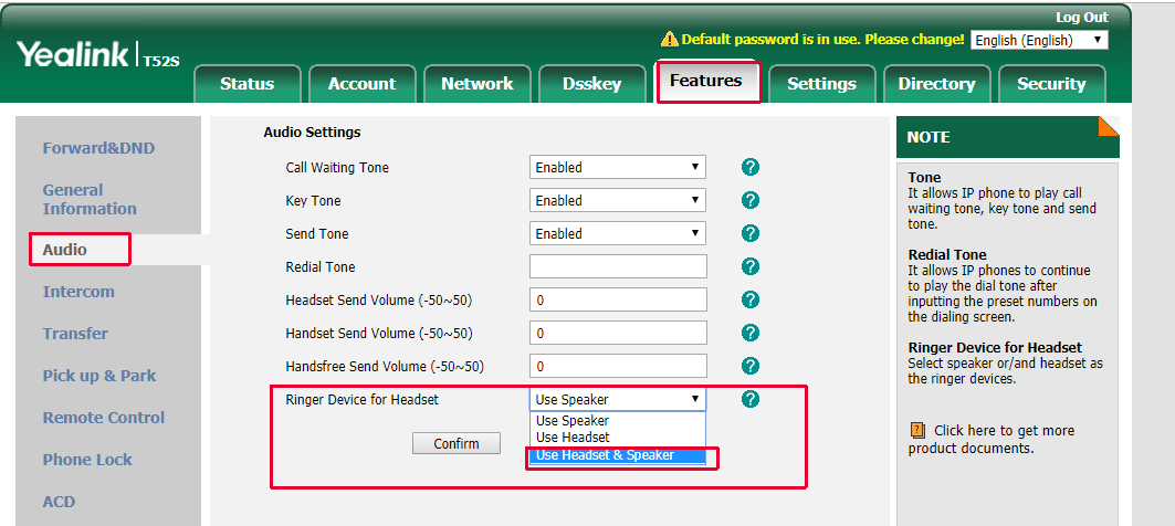 EHS40 remote answering and ring detection settings in web portal